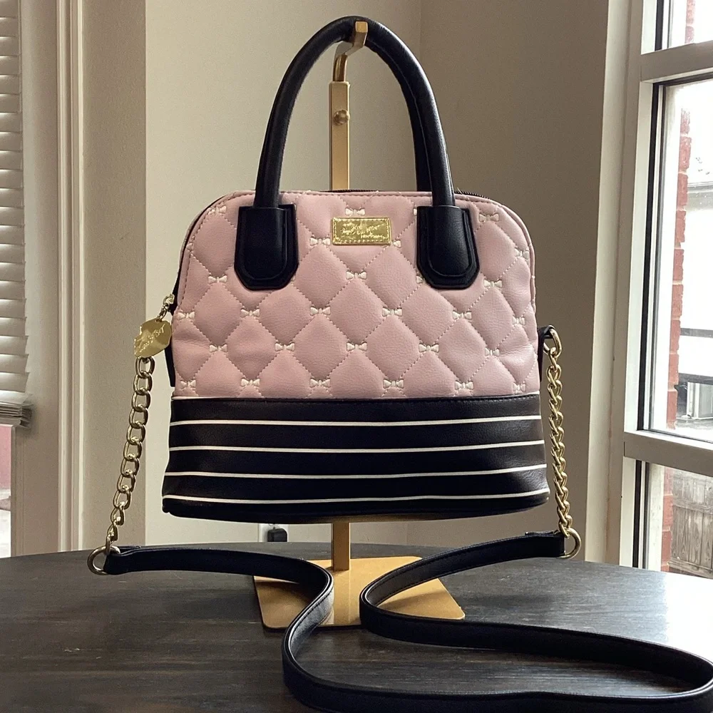 Betsey Johnson Pink and Black Quilted Satchel with Stripe Detail